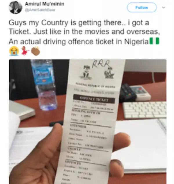 Nigerian Twitter User Overjoyed And Surprised After He Got A Traffic Offence Ticket From FRSC [Photo]